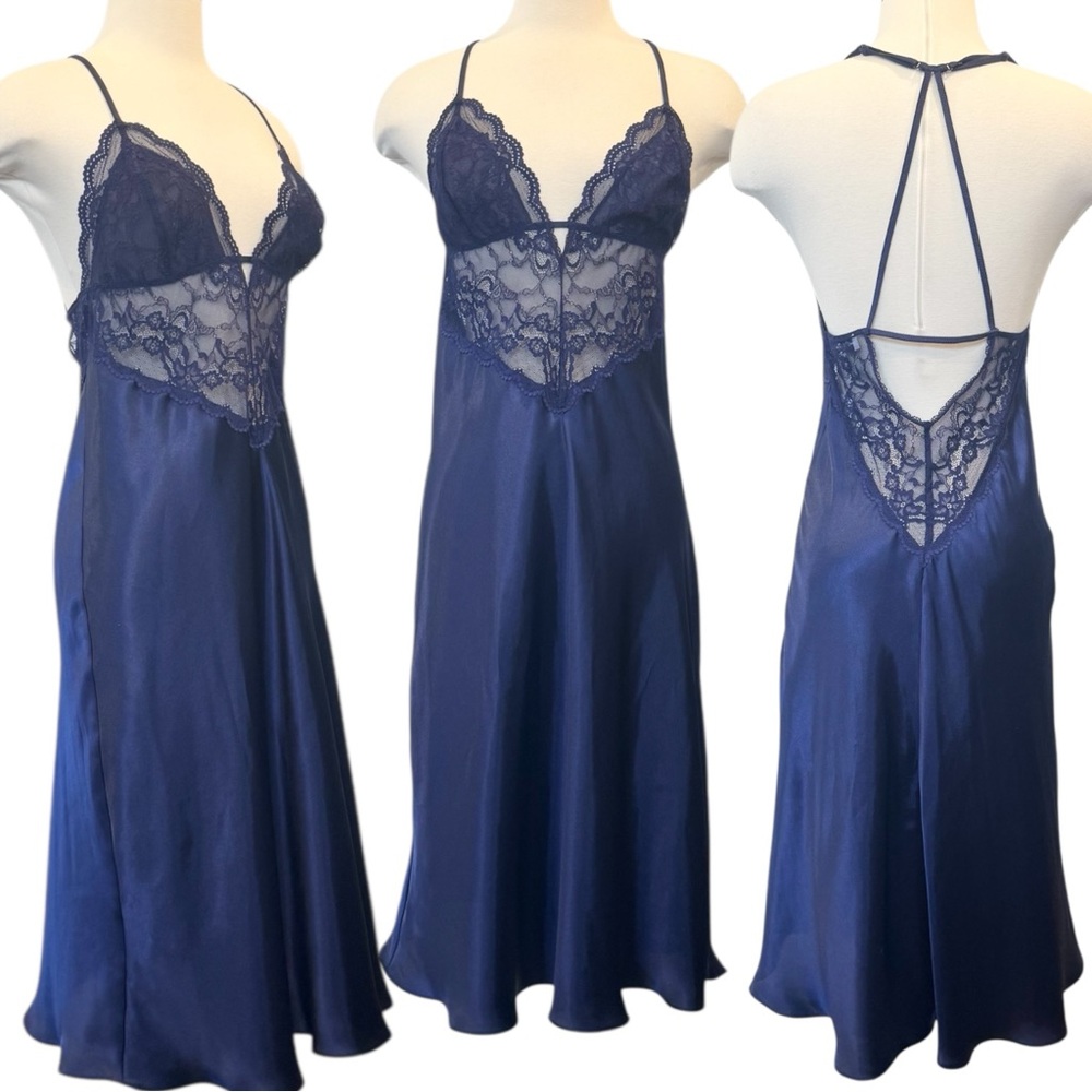 In Bloom by Jonquil Stretch Lace Silky Satin Deep Blue Sheer Chemise Slip Dress - Picture 7 of 7